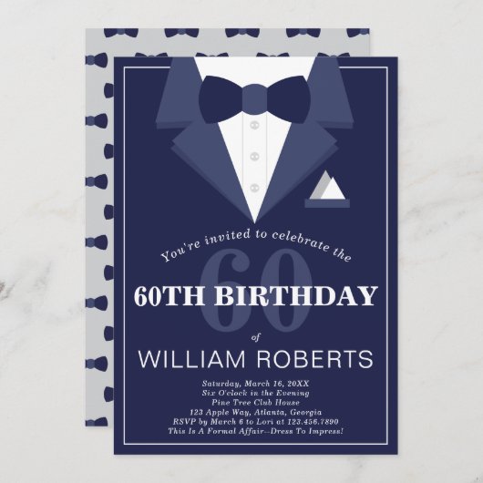 第60回誕生日パーティーへの招待，タキシード 招待状 (正面/裏面)