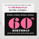 第60回誕生日パーティー招待テンプレートピンクブラック 招待状 (正面/裏面)