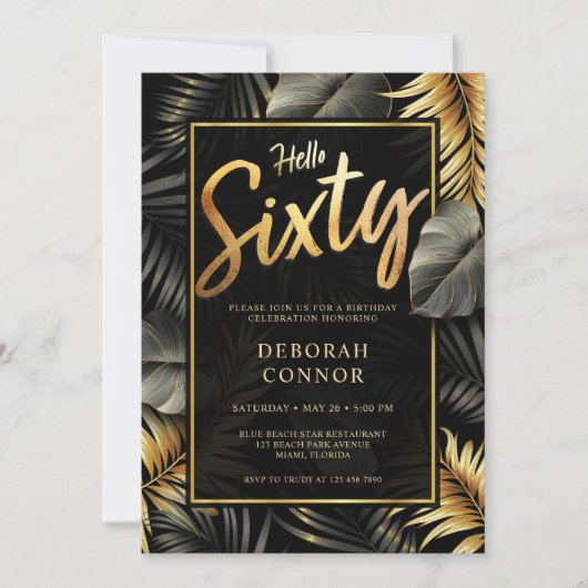 第60期黒熱帯金ゴールドトロピカル葉6誕生日 招待状 (正面)