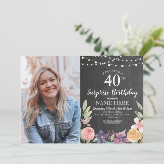 第60第50第40誕生会のチョークの花柄の写真 招待状 (スタンド正面)