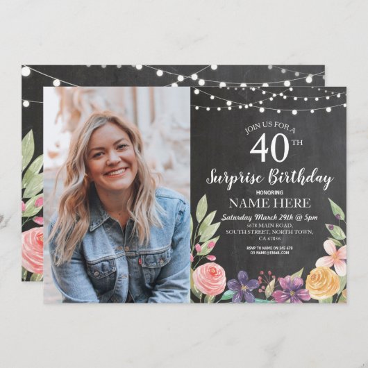 第60第50第40誕生会のチョークの花柄の写真 招待状 (正面/裏面)