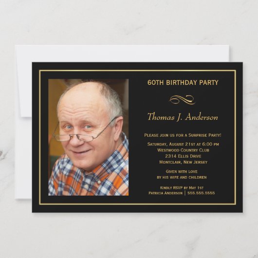 第60誕生会の人の黒及び金ゴールド 招待状 (正面)