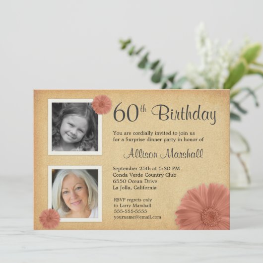 第60誕生会の素朴なデイジー2の写真の招待 招待状 (スタンド正面)