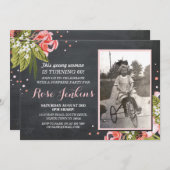 第60誕生会の花のチョークのピンクの写真の招待 招待状 (正面/裏面)