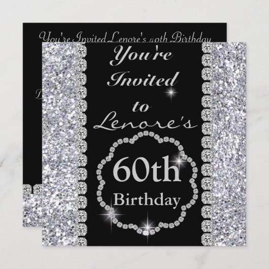 第60誕生会の黒及び銀製のきらきら光るなInvita 招待状 (正面/裏面)