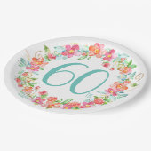 第60誕生日のかわいらしい水彩画の花のパーティー ペーパープレート (アングル)