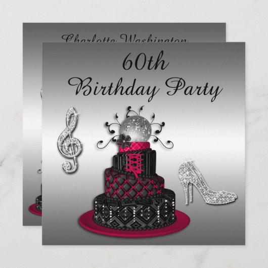 第60誕生日のディスコの花型女性歌手のケーキおよび輝きのかかと 招待状 (正面/裏面)
