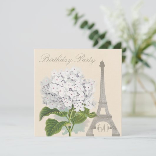 第60誕生日のパリのヴィンテージの白いアジサイの花 招待状 (スタンド正面)