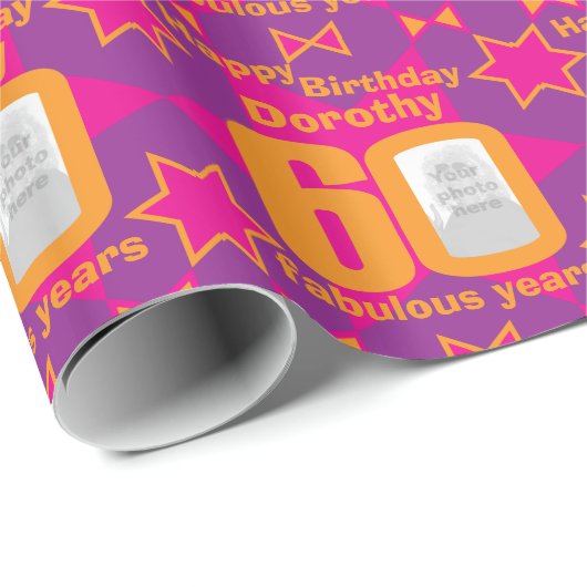 第60誕生日の写真のおもしろいの紫色のピンクのギフト用包装紙 ラッピングペーパー (ロールコーナー)