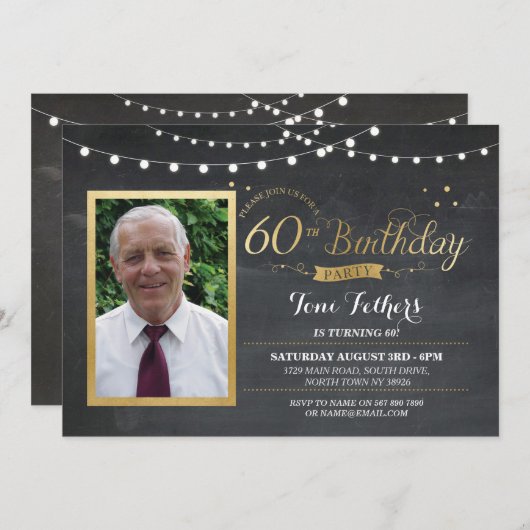 第60誕生日の写真のチョークの素朴な金ゴールドの招待状 招待状 (正面/裏面)