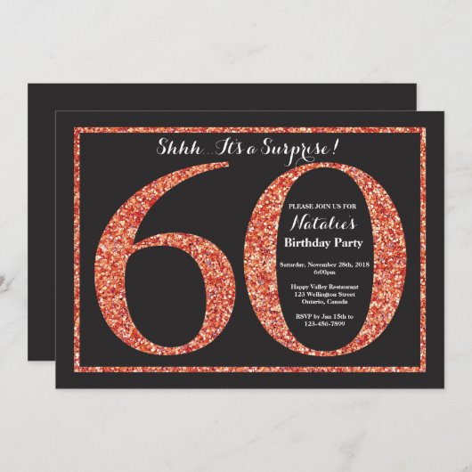 第60誕生日の招待状のオレンジグリッターを驚かして下さい 招待状 (正面/裏面)