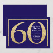 第60誕生日の濃紺および金ゴールドのグリッター 招待状 (正面/裏面)