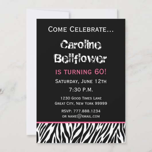 第60誕生日の白黒のピンクのシマウマ粋な60 招待状 (裏面)