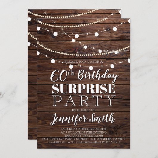 第60誕生日の驚きの素朴な木製のひもライト 招待状 (正面/裏面)