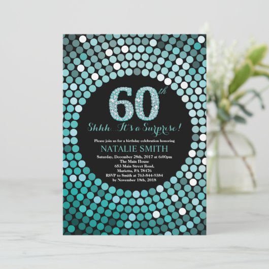 第60誕生日の黒およびティール(緑がかった色)のグリッターを驚かして下さい 招待状 (スタンド正面)