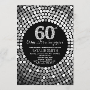 第60誕生日の黒および銀のグリッターを驚かして下さい 招待状