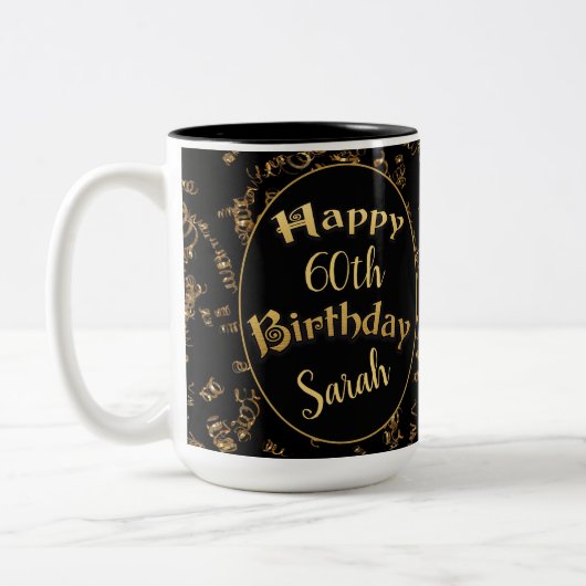 第60誕生日の黒と金ゴールド ツートーンマグカップ (左)