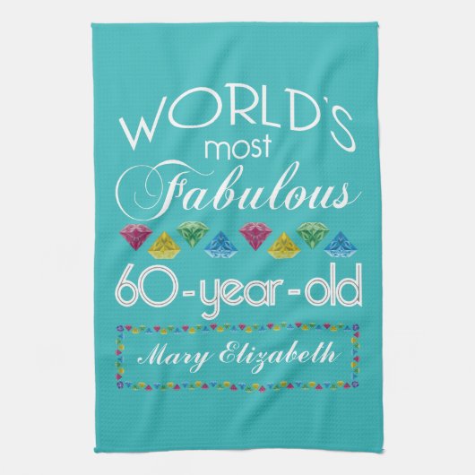第60誕生日ほとんどのすばらしくカラフルな宝石のターコイズ キッチンタオル (縦)