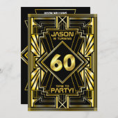第60誕生日アールデコ金ゴールドブラック·ギャツビ素晴らしー 招待状 (正面/裏面)