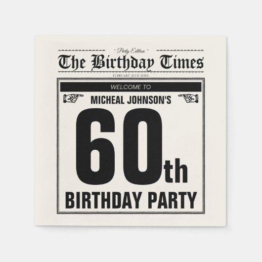 第60誕生日オールド新聞おもしろいユニークカスタム スタンダードカクテルナプキン (正面)