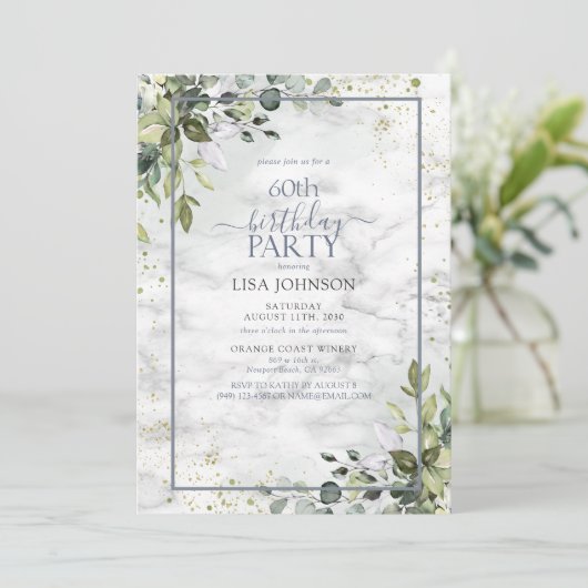 第60誕生日ダスティブルーユーカリ緑 招待状 (スタンド正面)