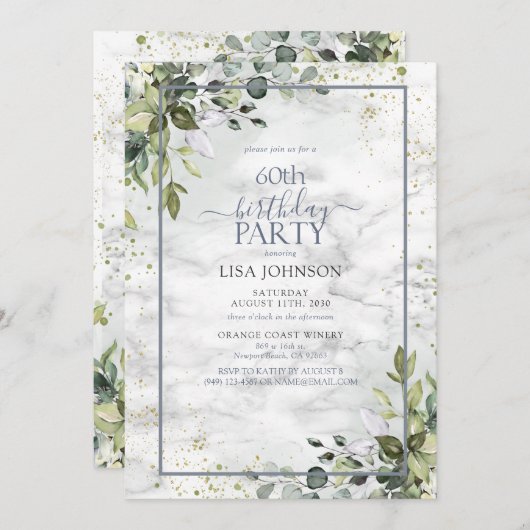 第60誕生日ダスティブルーユーカリ緑 招待状 (正面/裏面)