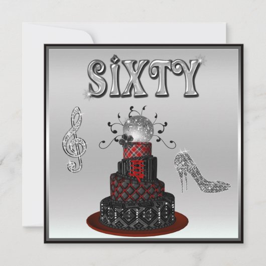 第60誕生日ディスコディバケーキスパークルハイヒール 招待状 (正面)
