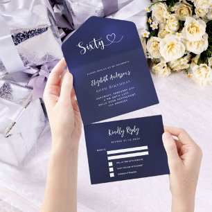 第60誕生日ネイビーブルーシルバーrsvp オールインワン招待状