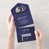 第60誕生日ネイビーブルー銀写真rsvp オールインワン招待状 (貼ってはがせる)