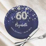 第60誕生日ネイビー・ブルー・シルバー・スター ペーパープレート<br><div class="desc">60誕生祝い。銀の星を持つネイビーフェイクブルーの背景色。青い色が不均一だ。名前を追加する，文字.</div>