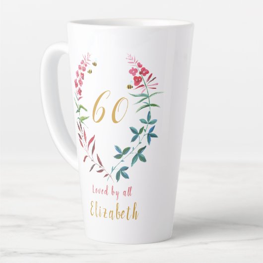 第60誕生日パーソナライズされたガーリーフローラフェミニンC カフェラテマグ (左アングル)