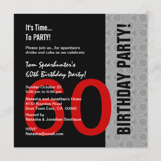 第60誕生日モダンで赤い銀製の黒くおもしろいなW1471 招待状