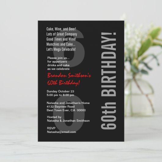 第60誕生日モダン白黒赤テンプレート 招待状 (スタンド正面)