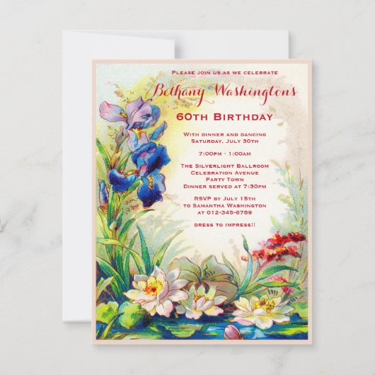 第60誕生日ヴィンテージ《植物》スイレンとアイリスフラワーズ 招待状 (裏面)
