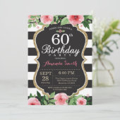 第60誕生日招待状女性。フローラ金ゴールド黒 招待状 (スタンド正面)