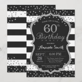第60誕生日招待状。ブラックアンドシルバーグリッター 招待状 (正面/裏面)