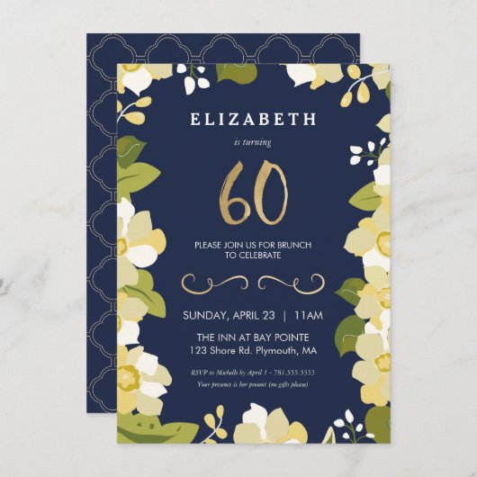 第60誕生日招待状、花(エレガント金ゴールド付き) 招待状 (正面/裏面)