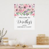 第60誕生日紫ピンクワイルドフラワーウェルカムサイン ポスター (キッチン)