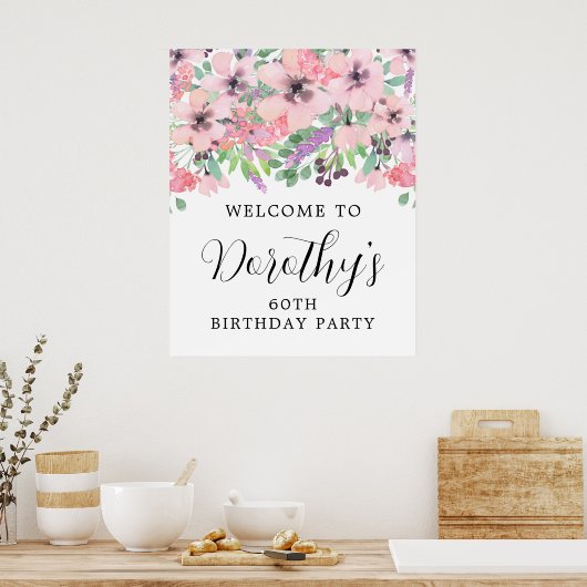 第60誕生日紫ピンクワイルドフラワーウェルカムサイン ポスター (キッチン)