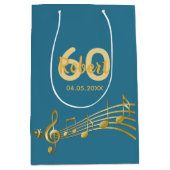 第60誕生日金ゴールド音符ティール（緑がかった色）青 ミディアムペーパーバッグ (正面)