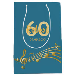 第60誕生日金ゴールド音符ティール（緑がかった色）青 ミディアムペーパーバッグ