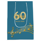 第60誕生日金ゴールド音符ティール（緑がかった色）青 ミディアムペーパーバッグ (裏面)