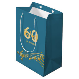 第60誕生日金ゴールド音符ティール（緑がかった色）青 ミディアムペーパーバッグ