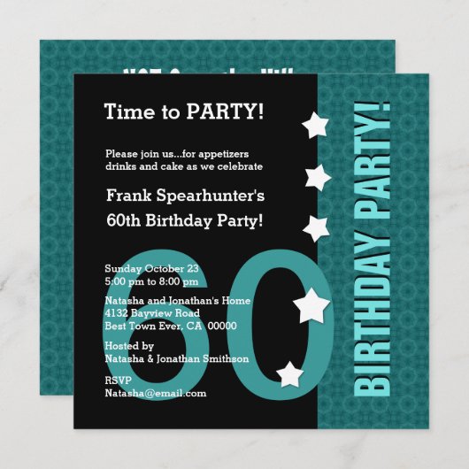第60誕生日(スターズおもしろいティール(緑がかった色)、ブラックA02付き) 招待状 (正面/裏面)