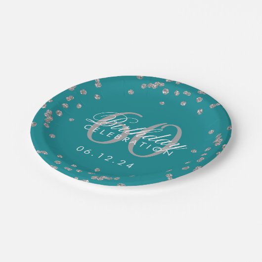 第60銀誕生日グリッター紙吹雪ティール(緑がかった色) ペーパープレート (アングル)