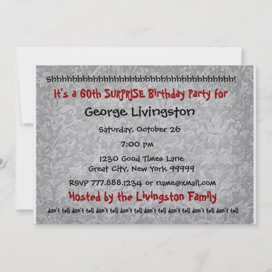 第60驚きの誕生日の銀の赤く黒い金属 招待状 (裏面)