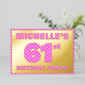 第61回バースデーはっきりしたタパーティー – おもしろい、ピンクストライプ色の# 61 箔招待状 (立ち正面)