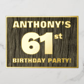 第61回バースデーパーティーはっきりした:木フェイクの木目の模様 箔招待状 (正面)