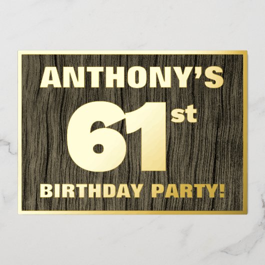 第61回バースデーパーティーはっきりした:木フェイクの木目の模様 箔招待状 (正面)