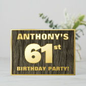 第61回バースデーパーティーはっきりした:木フェイクの木目の模様 箔招待状 (立ち正面)